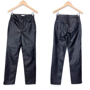 Good American High Rise Straight Leg Black Faux Leather Pants With Slit Hem